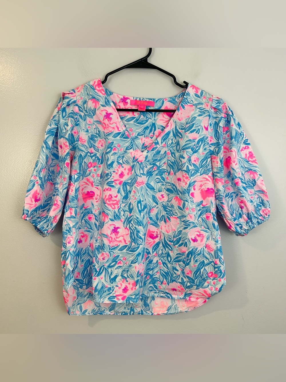 Lilly Pulitzer Ivee Bondi Blue/Pink My Little Peony Short Puff Sleeve Top Small
